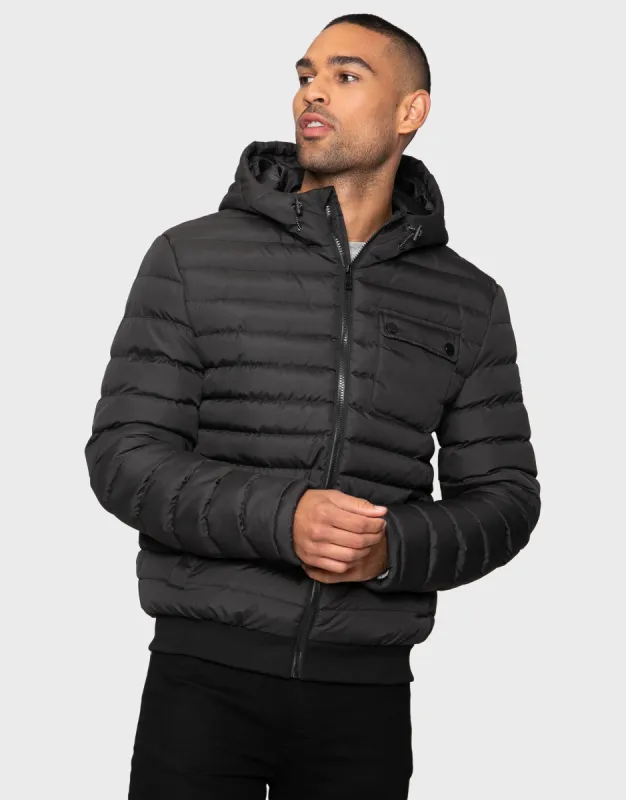 Men's Black Hooded Puffer Jacket sold by Threadbare