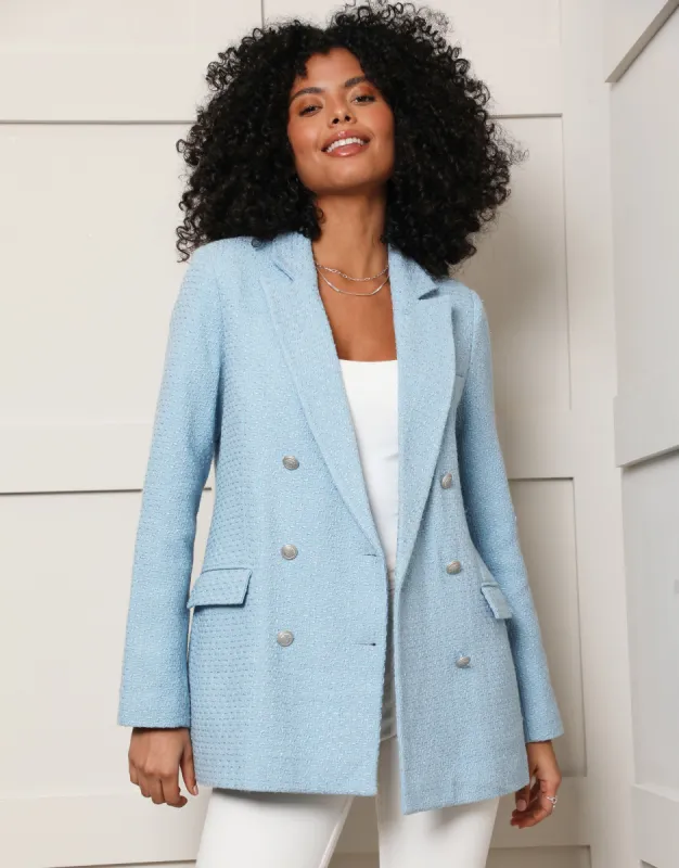 Women's Light Blue Oversized Double Breasted Bouclé Blazer sold by Threadbare