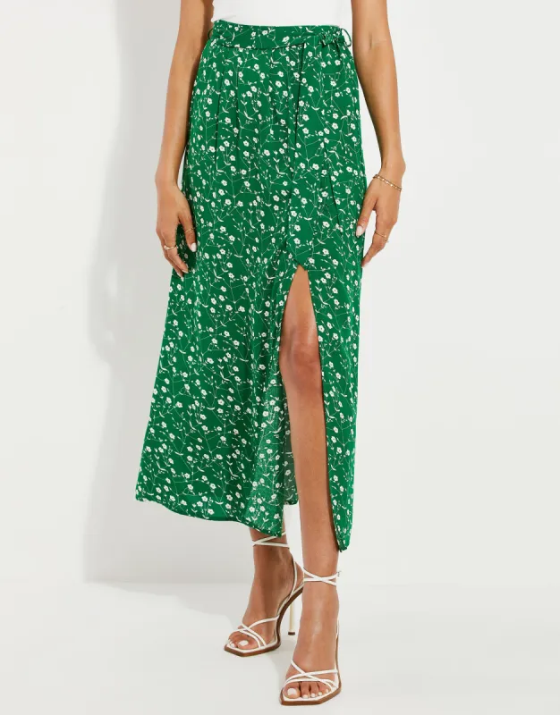 Women's Petite Green Ditsy Floral Print Wrap Midi Skirt sold by Threadbare