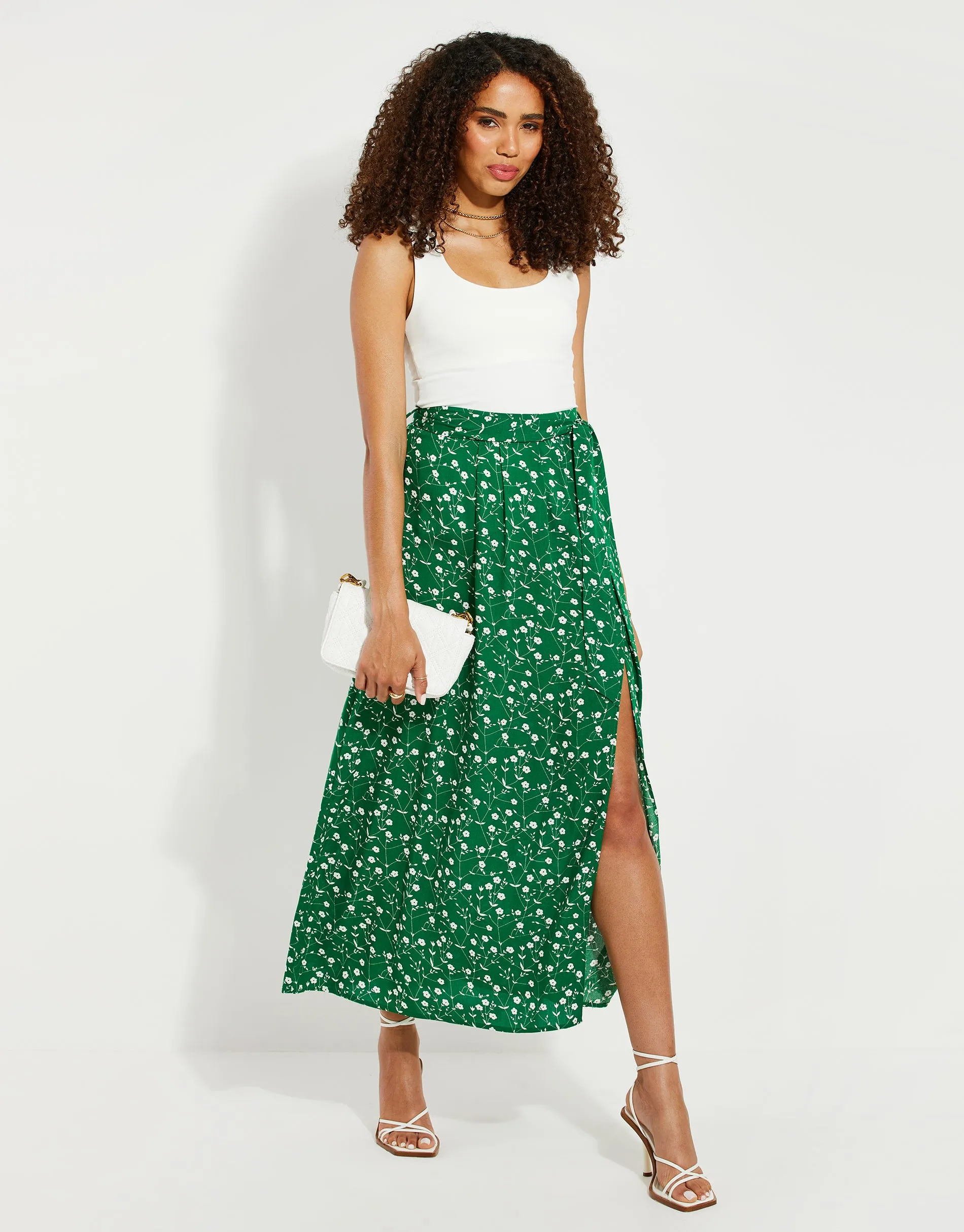 Women's Petite Green Ditsy Floral Print Wrap Midi Skirt sold by Threadbare product image thumbnail 3
