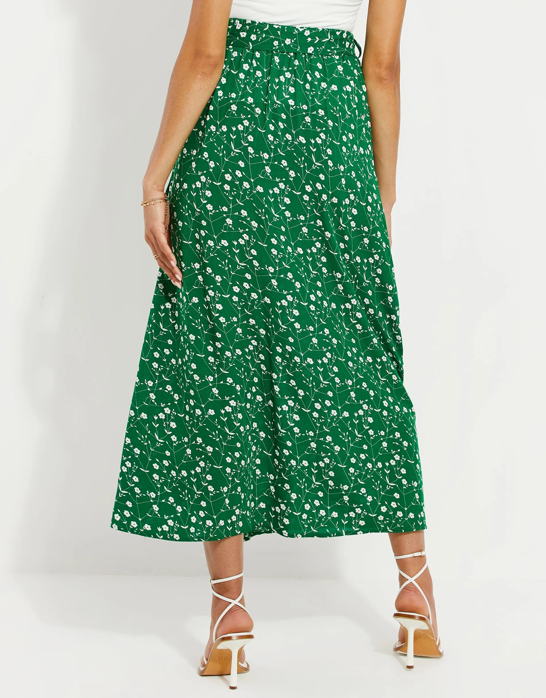 Women's Petite Green Ditsy Floral Print Wrap Midi Skirt sold by Threadbare product image thumbnail 2
