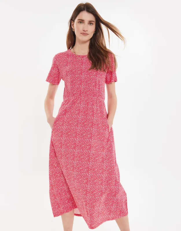 Women's Red Abstract Spot Print Midi Smock Dress with Pockets sold by Threadbare