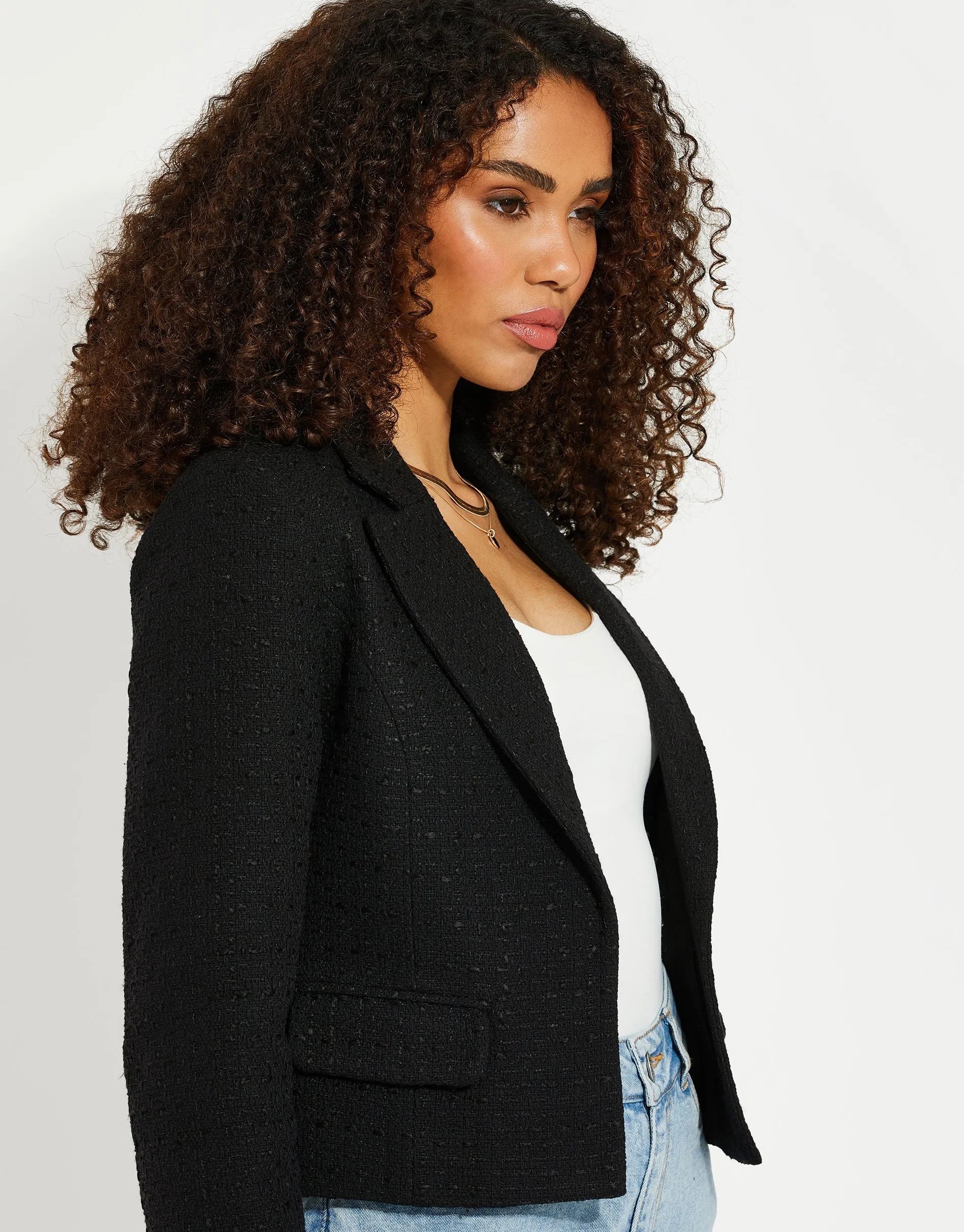 Women's Black Cropped Bouclé Blazer sold by Threadbare product image thumbnail 4