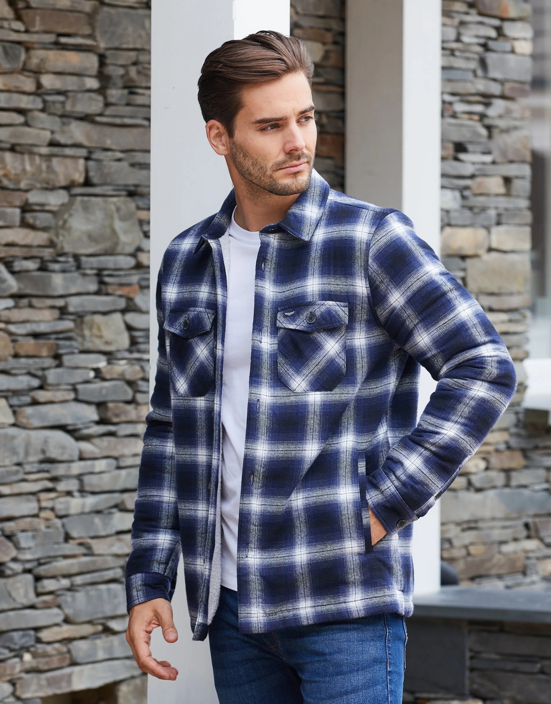 Men's Blue Check Borg Lined Long Sleeve Shirt sold by Threadbare
