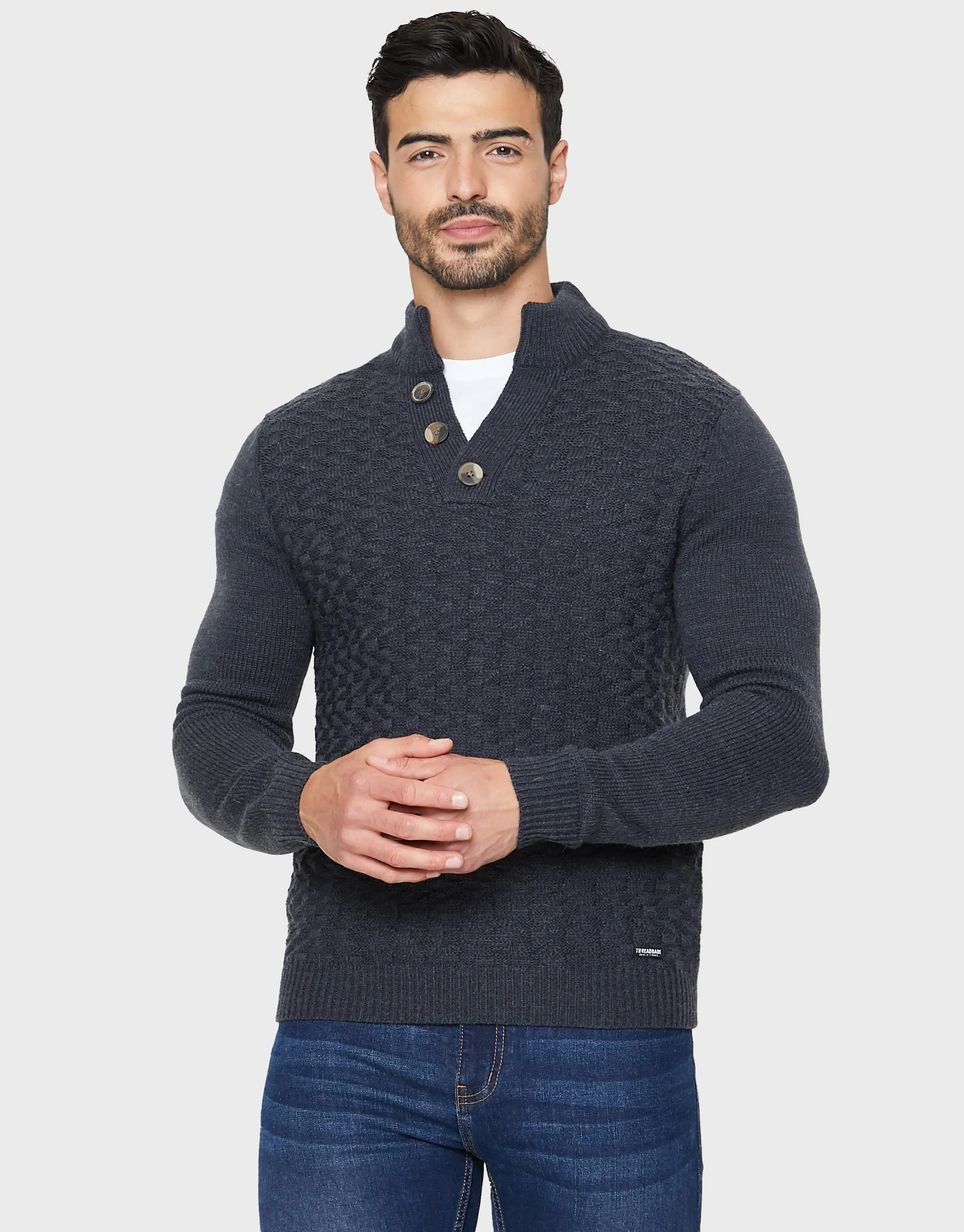 Men's Blue Open Button Turtleneck Jumper sold by Threadbare