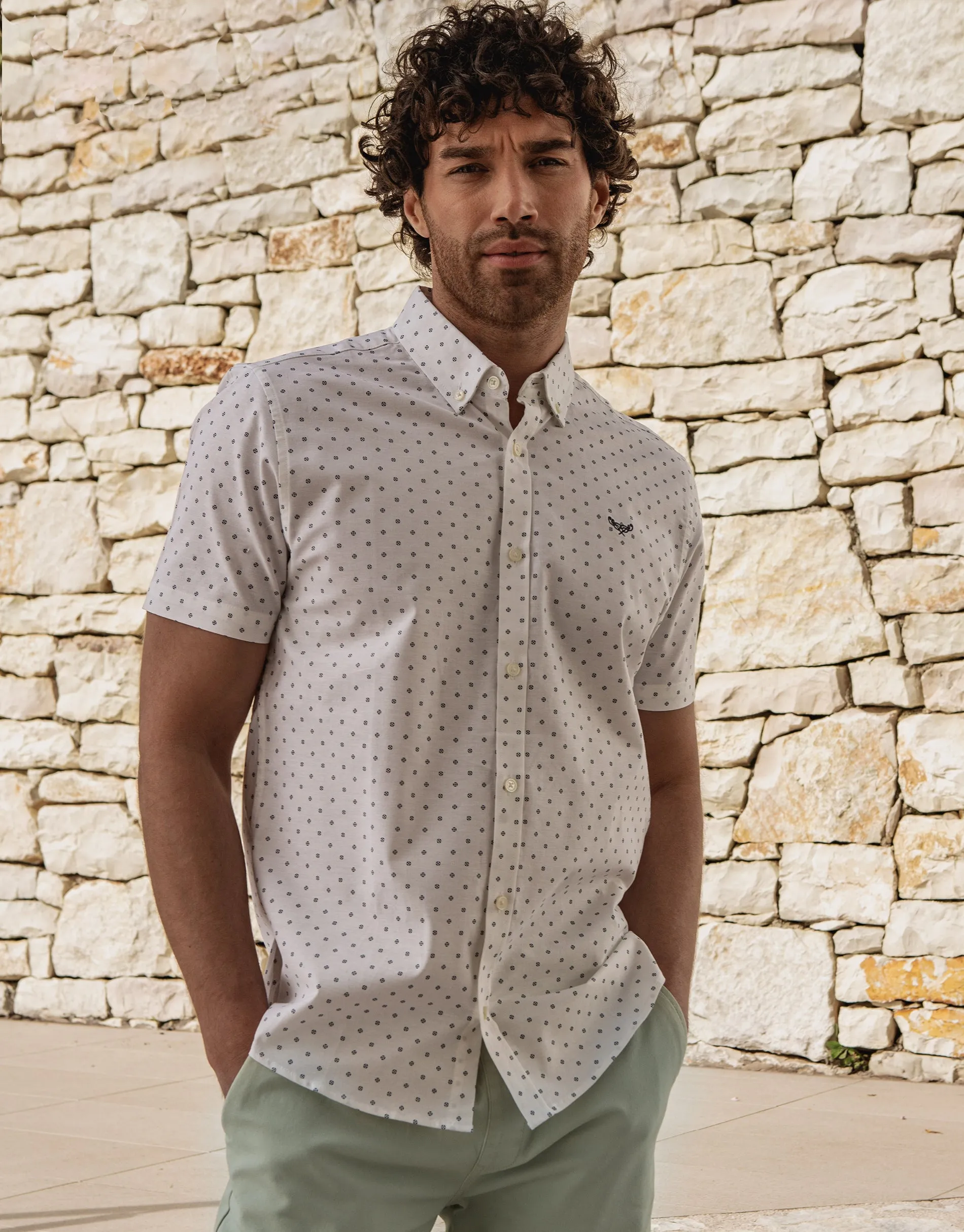 Men's White Geo Print Short Sleeve Shirt sold by Threadbare