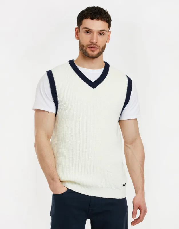 Men's Ecru V-Neck Knitted Vest sold by Threadbare