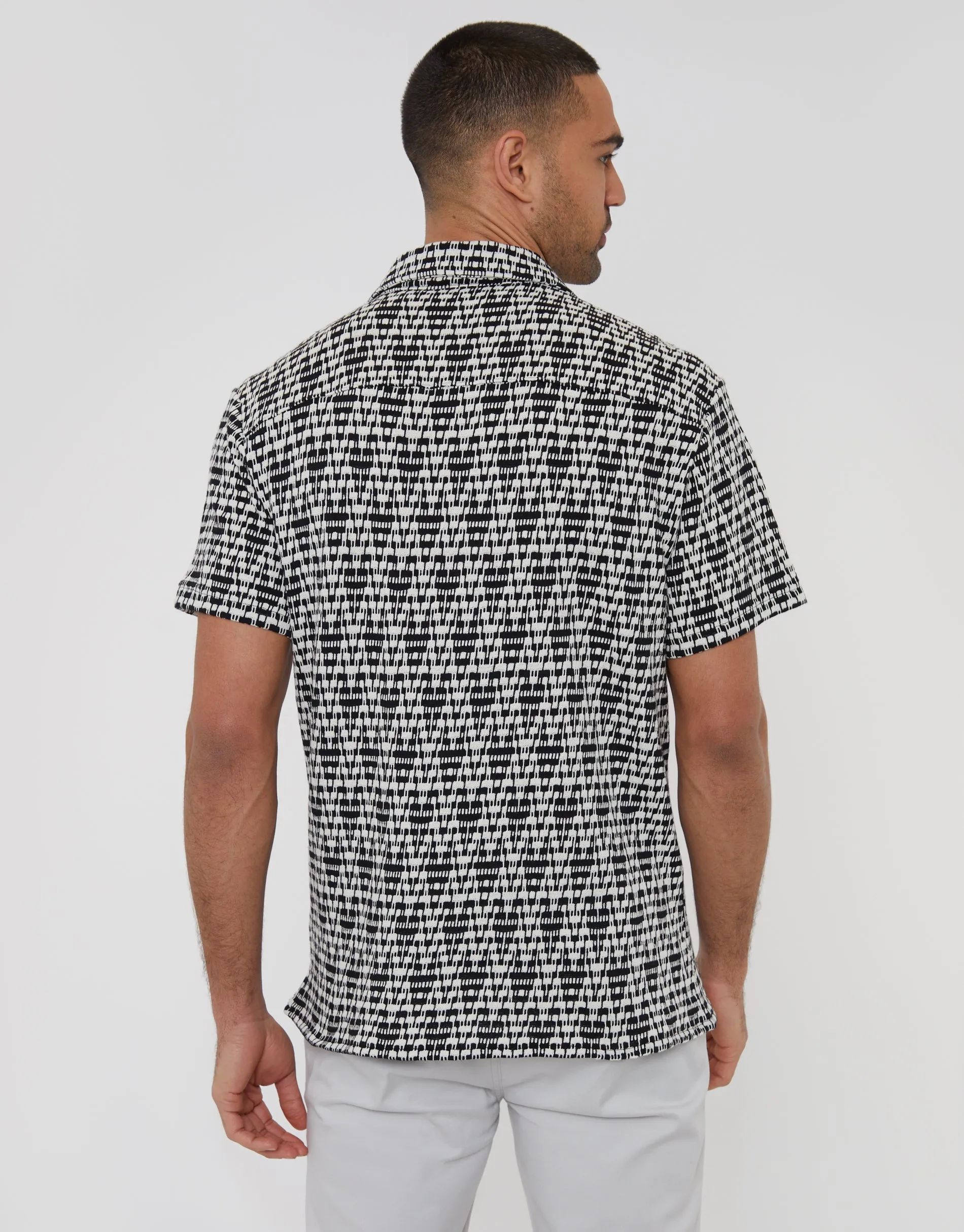 Men's Black & Cream Zig Zag Revere Collar Short Sleeve Shirt sold by Threadbare product image thumbnail 2