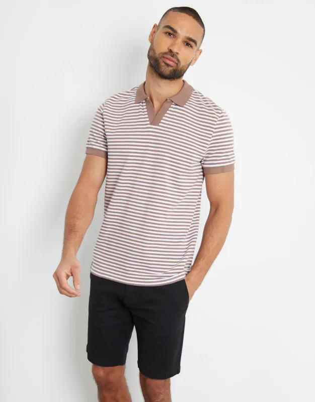 Threadbare Men's Brown & White Stripe Open Neck Collar Polo Shirt sold by Threadbare
