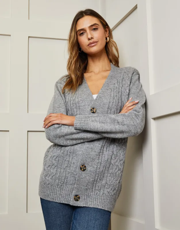 Women's Grey Cable Knit Button Up Cardigan sold by Threadbare