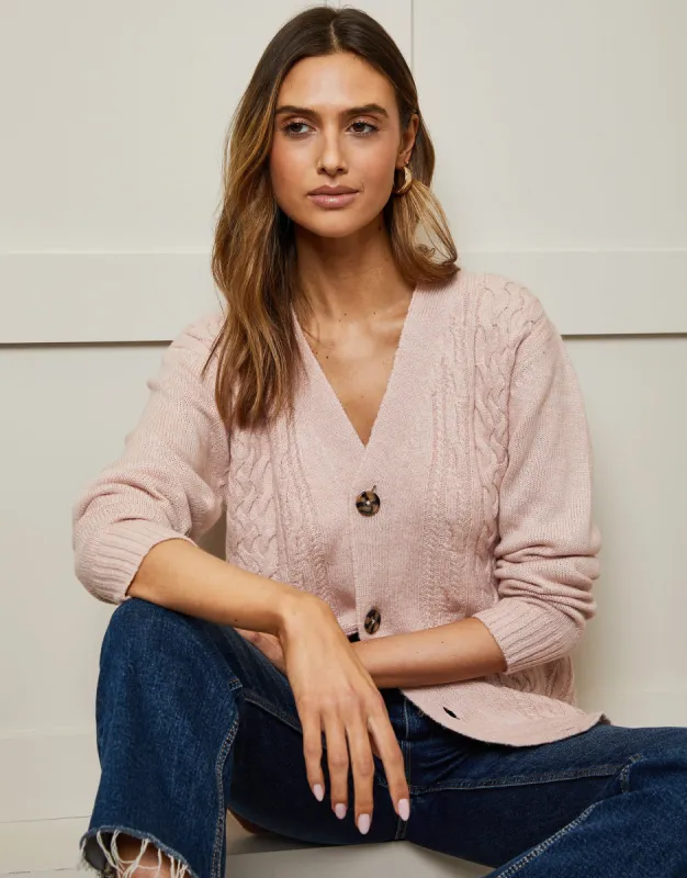 Women's Pink Cable Knit Button Up Cardigan sold by Threadbare