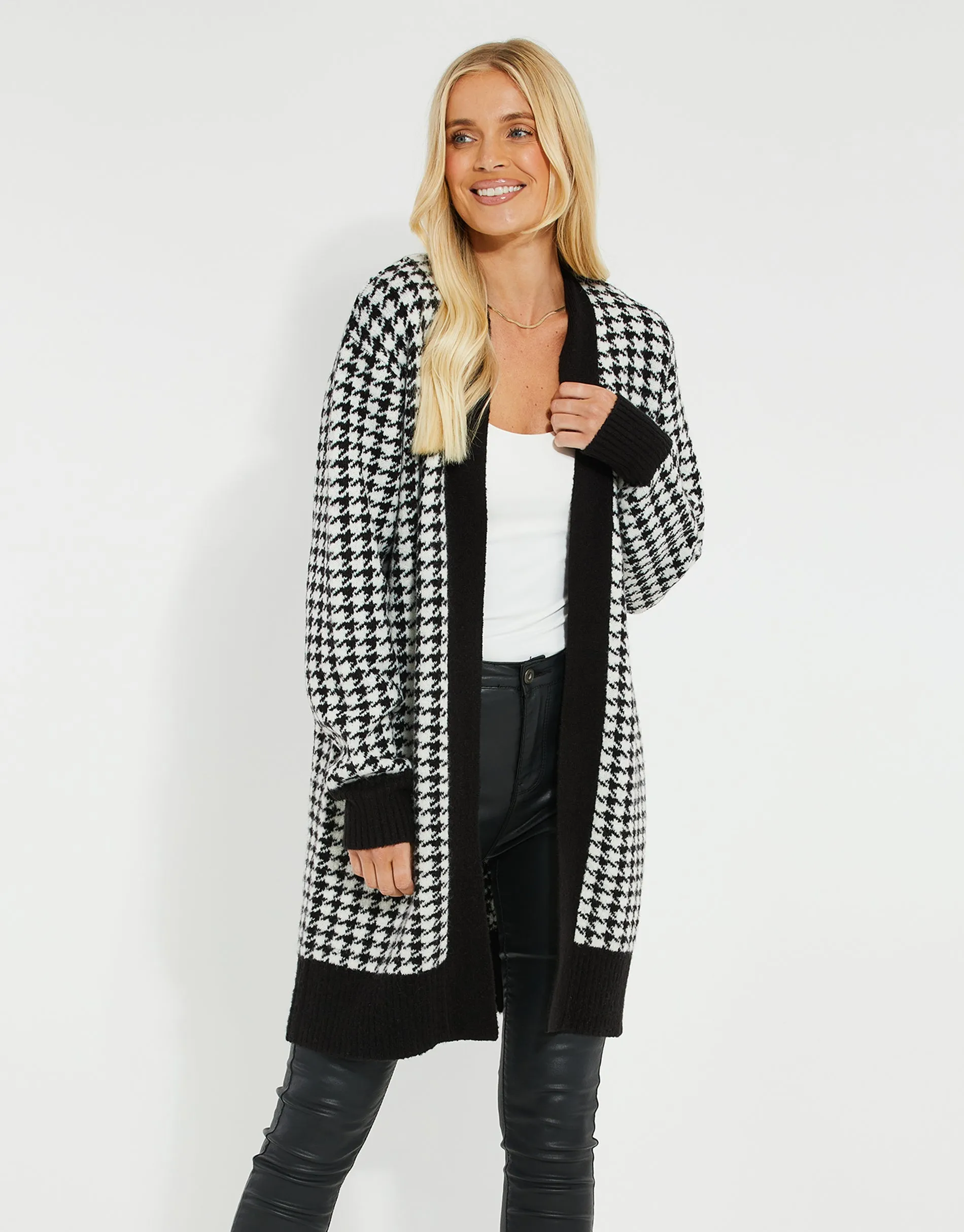 Women's Black & White Dogtooth Knitted Cardigan sold by Threadbare