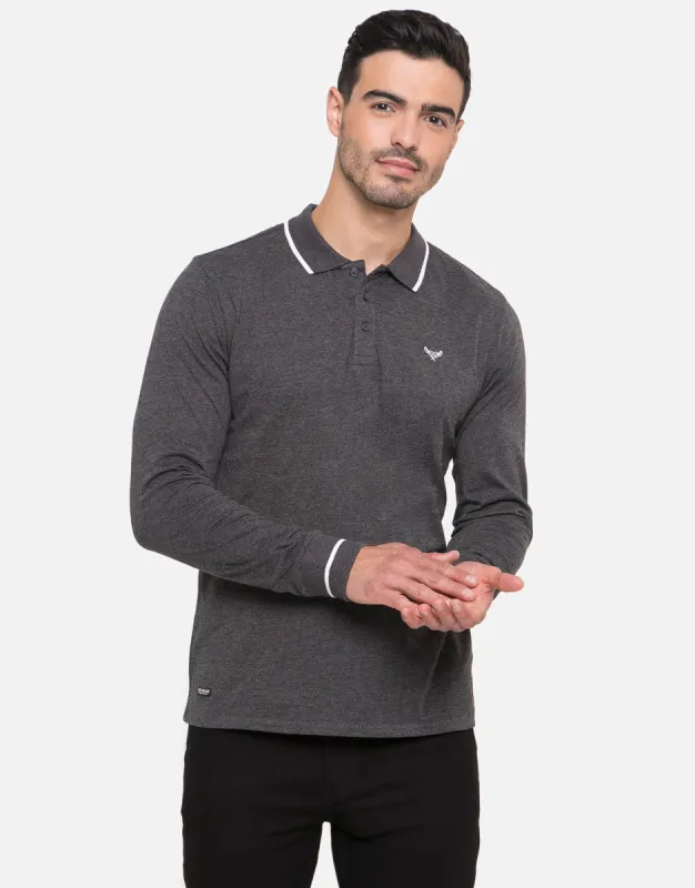 Men's Charcoal Long Sleeve Polo Shirt sold by Threadbare
