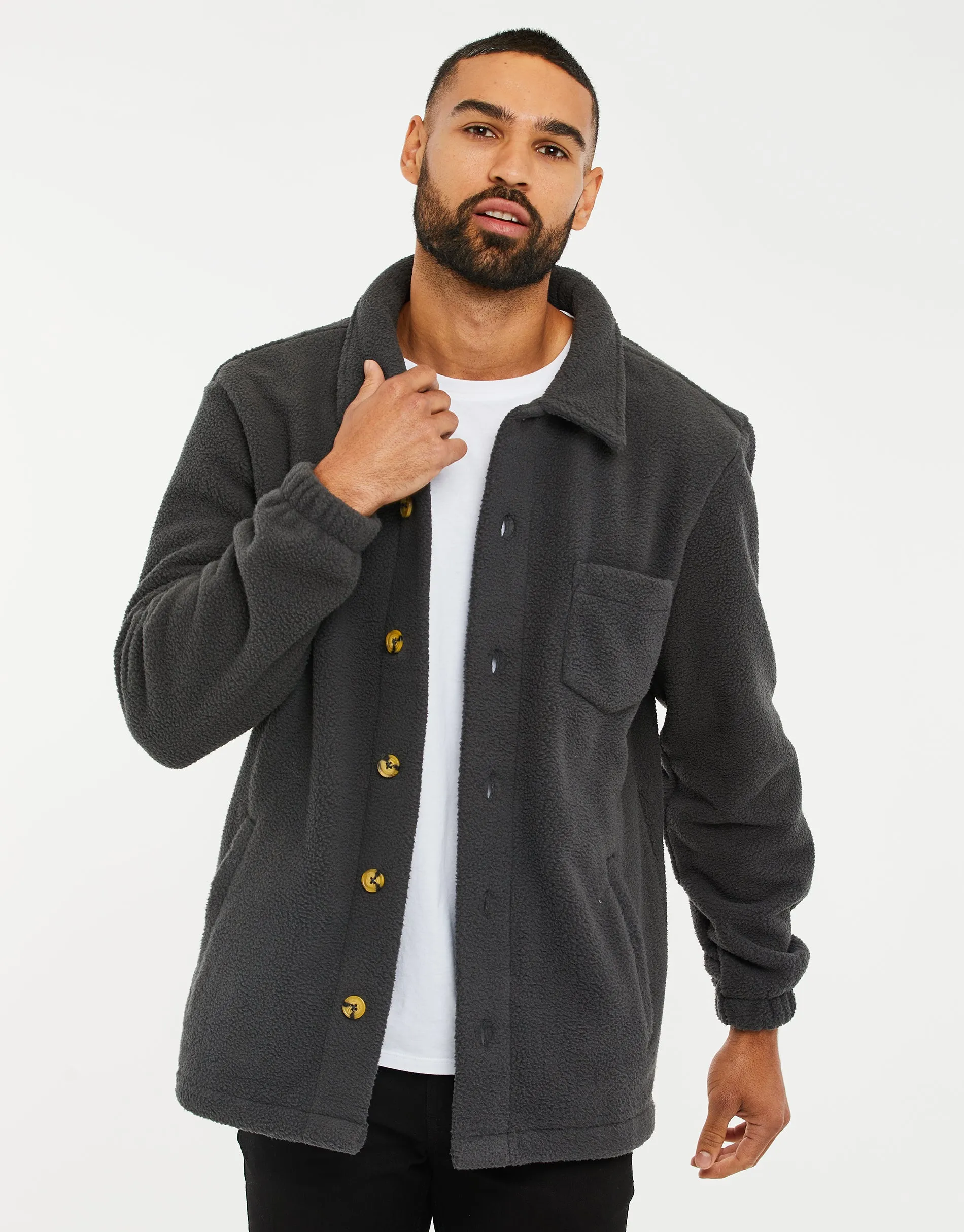 Men's Charcoal Faux Borg Shacket sold by Threadbare