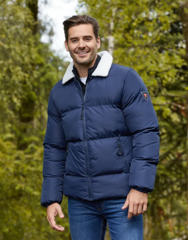 Men's Navy Faux Borg Collar Padded Jacket sold by Threadbare