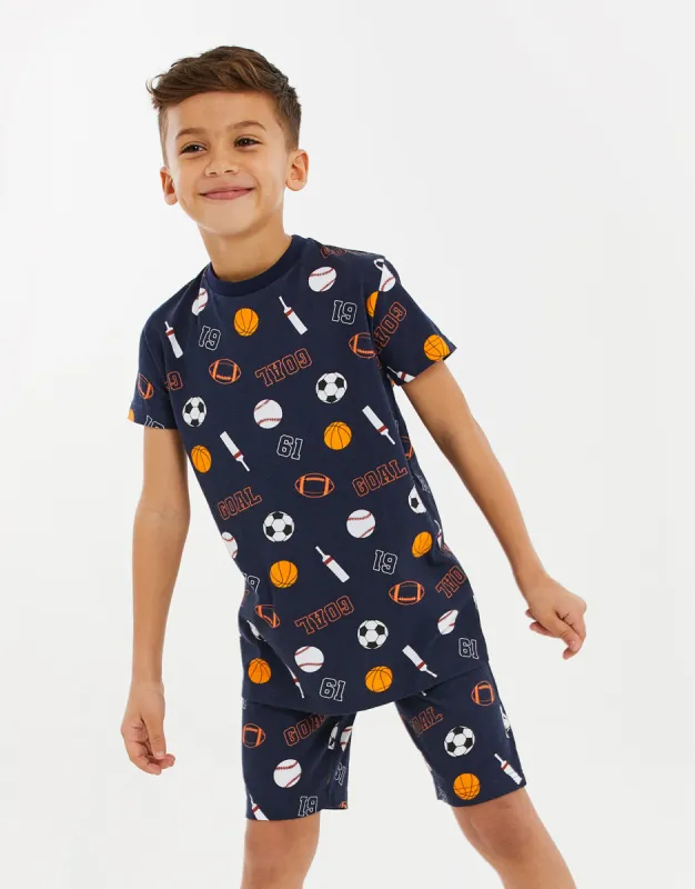 Boys' Navy Sports Print Short Pyjamas (2-Piece Set) made by Threadbare