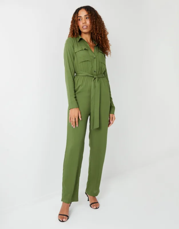 Women's Khaki Utility Cargo Jumpsuit sold by Threadbare