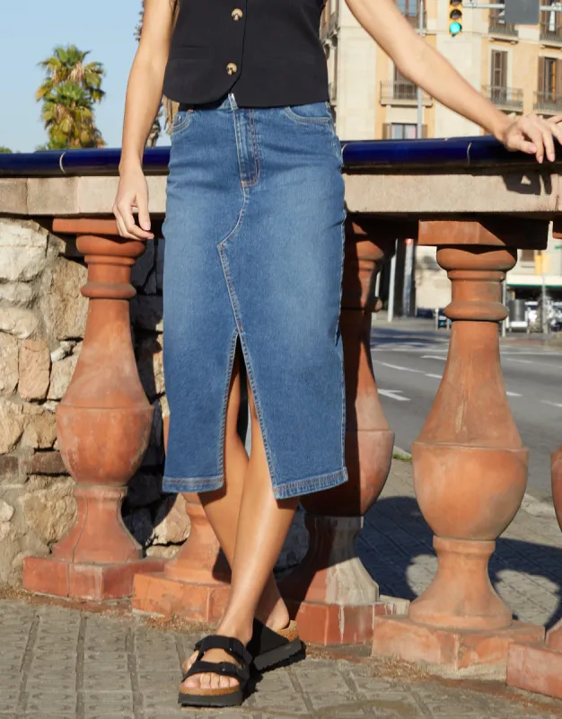 Women's Dark Blue Wash Denim Split Front Midi Skirt sold by Threadbare