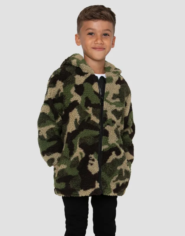 Boys' Khaki Camo Faux Borg Jacket sold by Threadbare