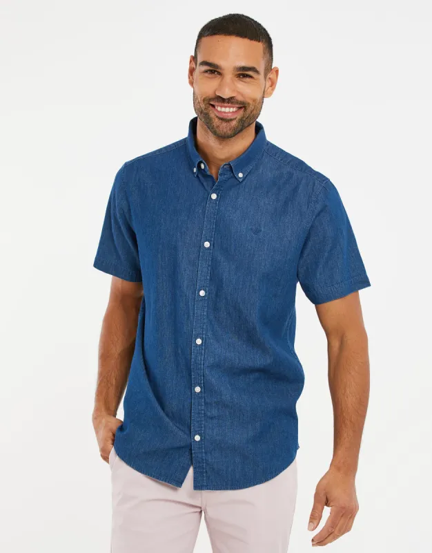 Men's Mid Blue Wash Short Sleeve Denim Shirt sold by Threadbare