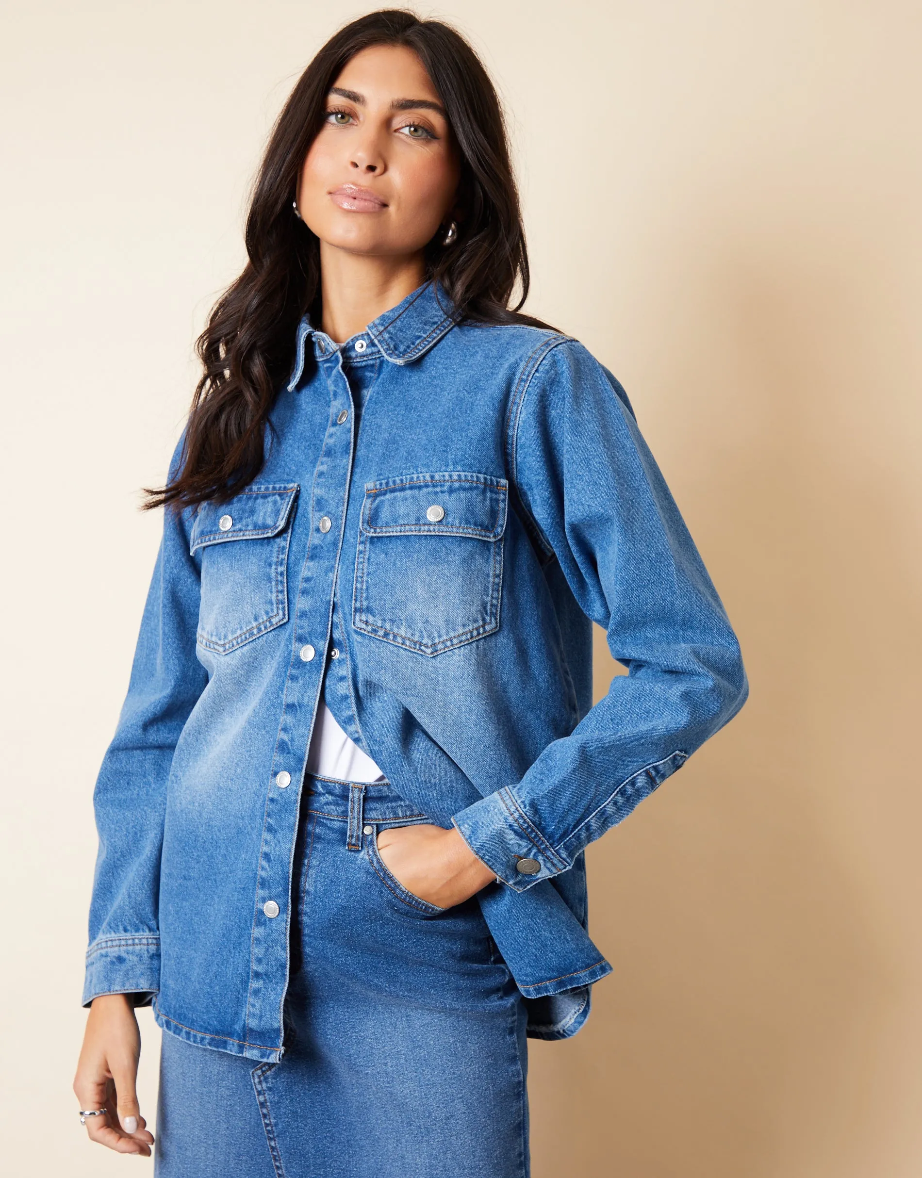 Women's Mid Blue Wash Collared Curved Hem Denim Shacket sold by Threadbare