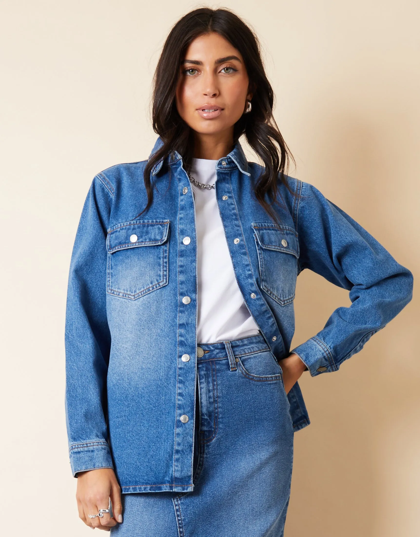 Women's Mid Blue Wash Collared Curved Hem Denim Shacket sold by Threadbare product image thumbnail 4