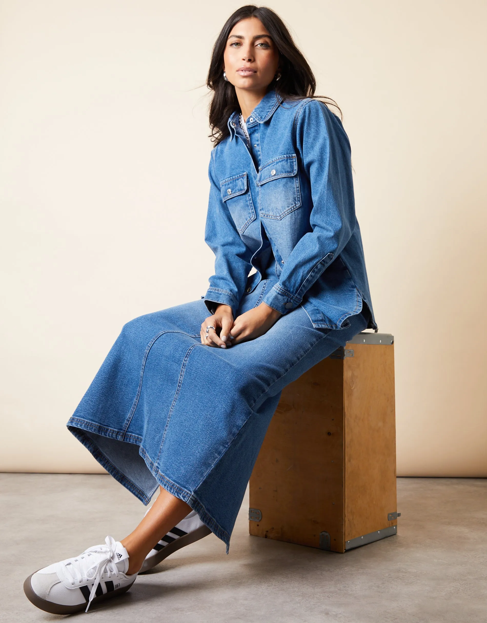 Women's Mid Blue Wash Collared Curved Hem Denim Shacket sold by Threadbare product image thumbnail 3