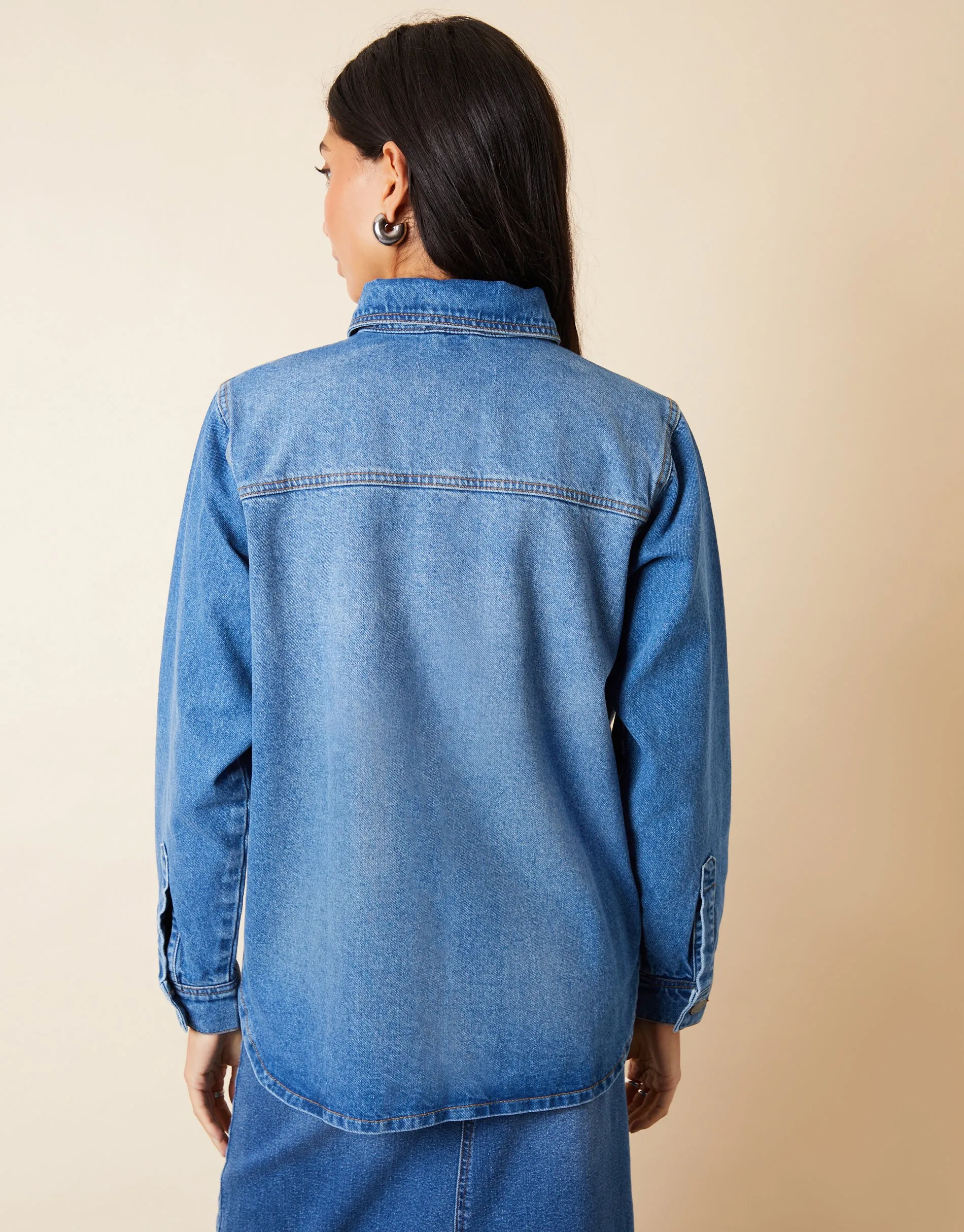 Women's Mid Blue Wash Collared Curved Hem Denim Shacket sold by Threadbare product image thumbnail 2