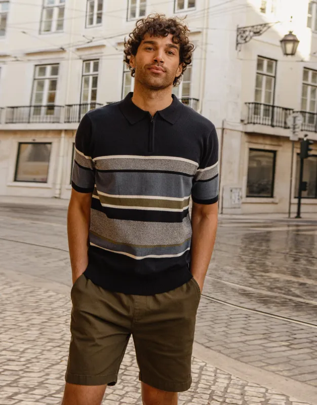 Men's Navy Striped Quarter Zip Knitted Polo sold by Threadbare
