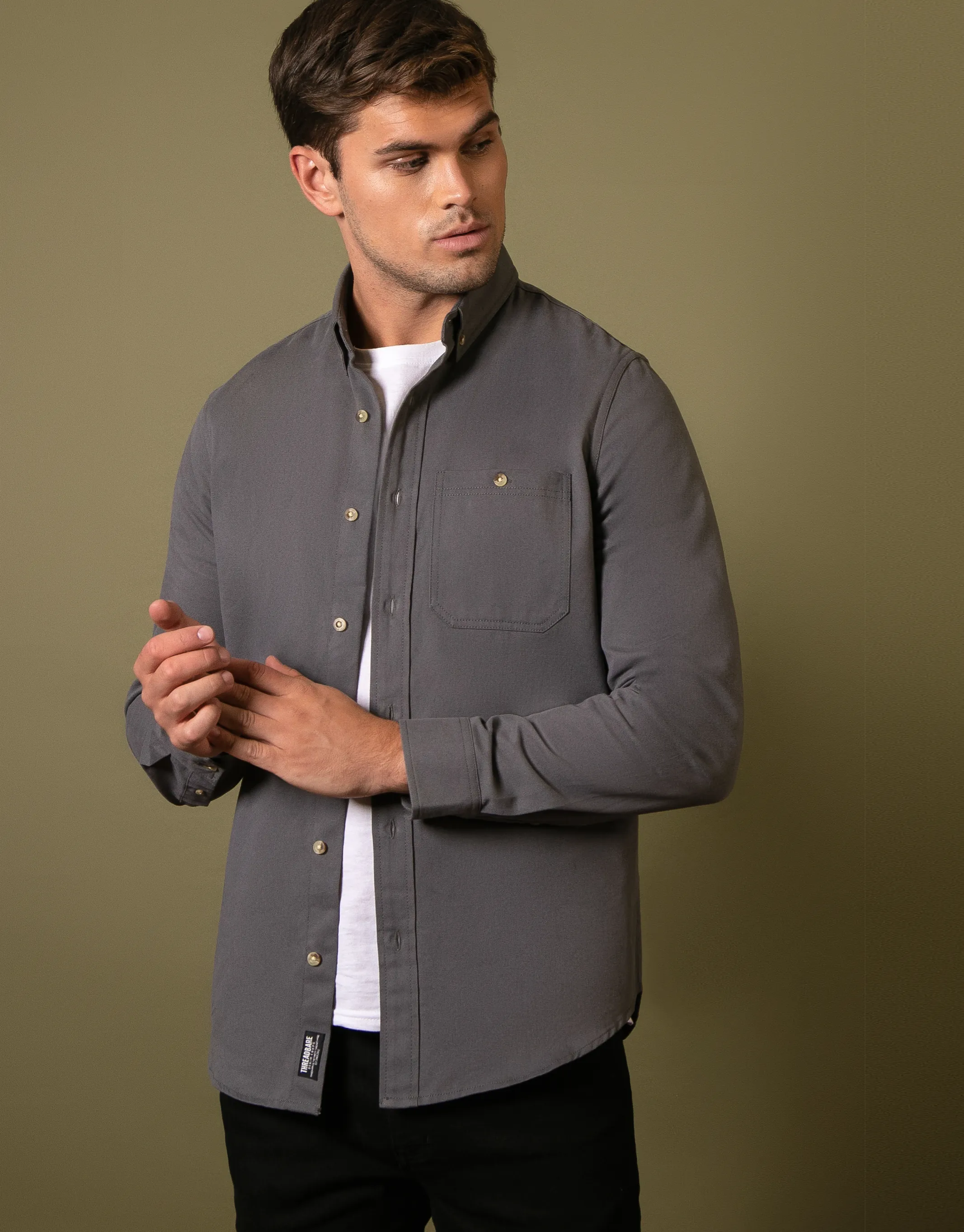 Men's Charcoal Plain Long Sleeve Shirt sold by Threadbare