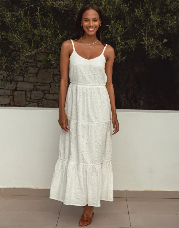 Women's White Broderie Anglaise Cami Strap Tiered Maxi Dress sold by Threadbare