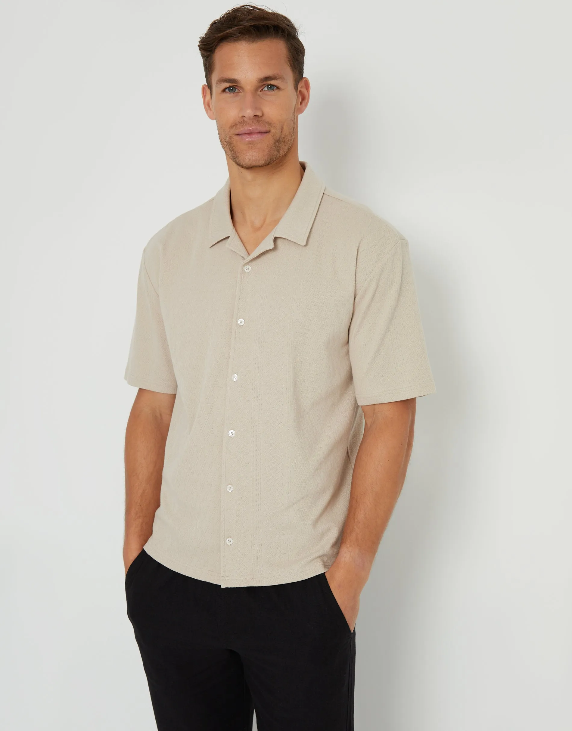 Stone Revere Collar Textured Short Sleeve Shirt sold by Threadbare product image thumbnail 4