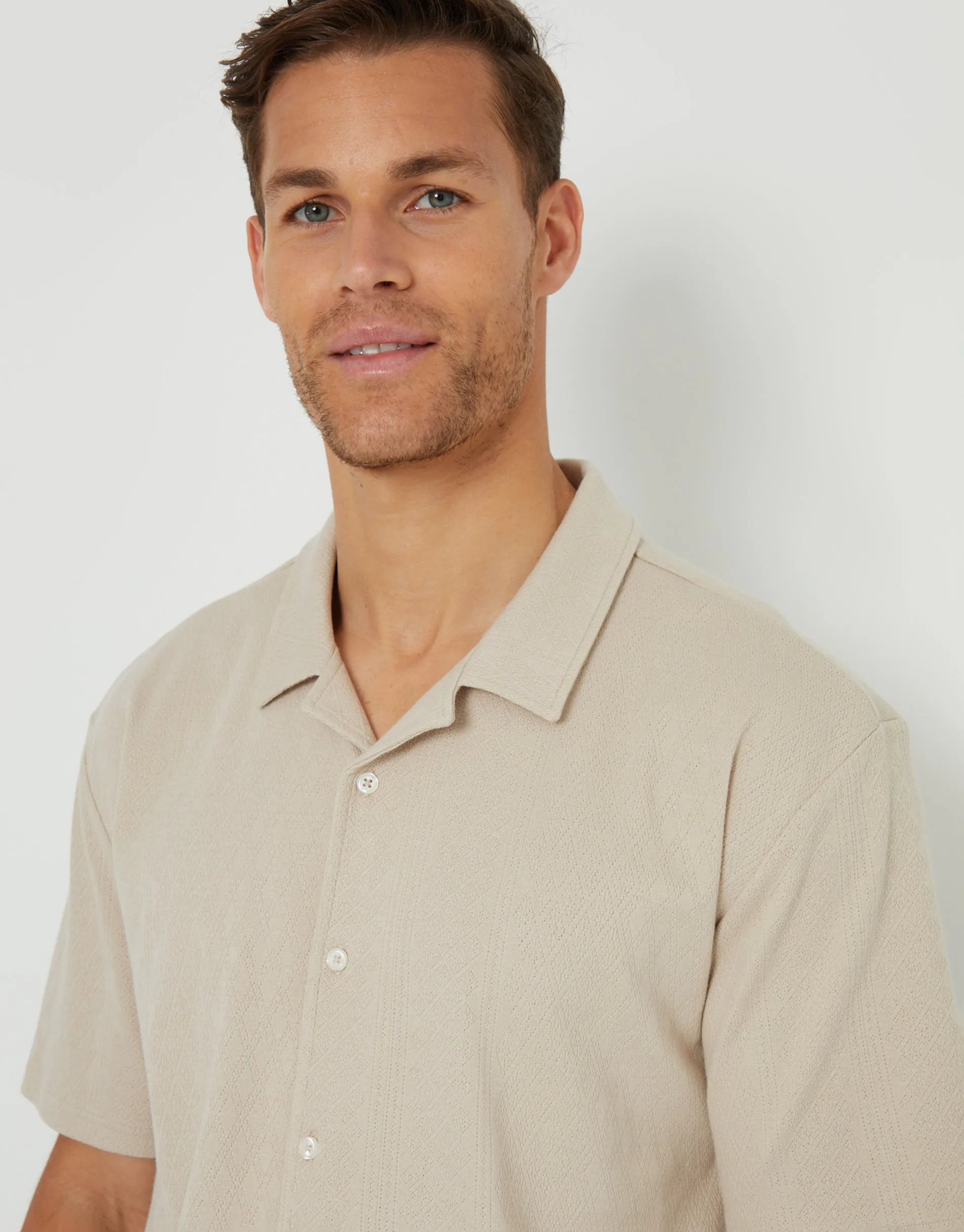 Stone Revere Collar Textured Short Sleeve Shirt sold by Threadbare
