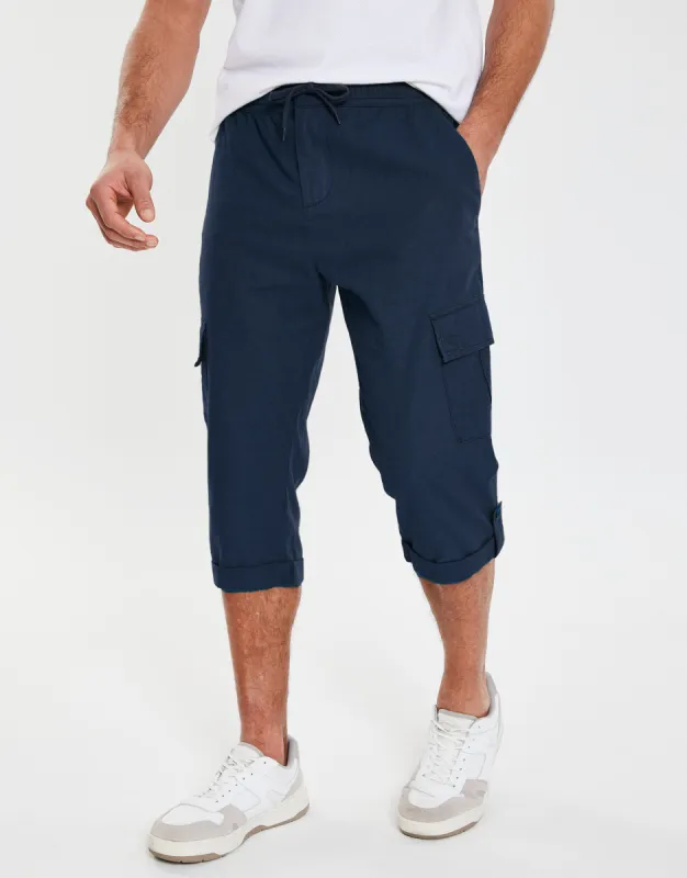 Men's Navy 3/4 Length Linen Blend Cargo Trousers sold by Threadbare