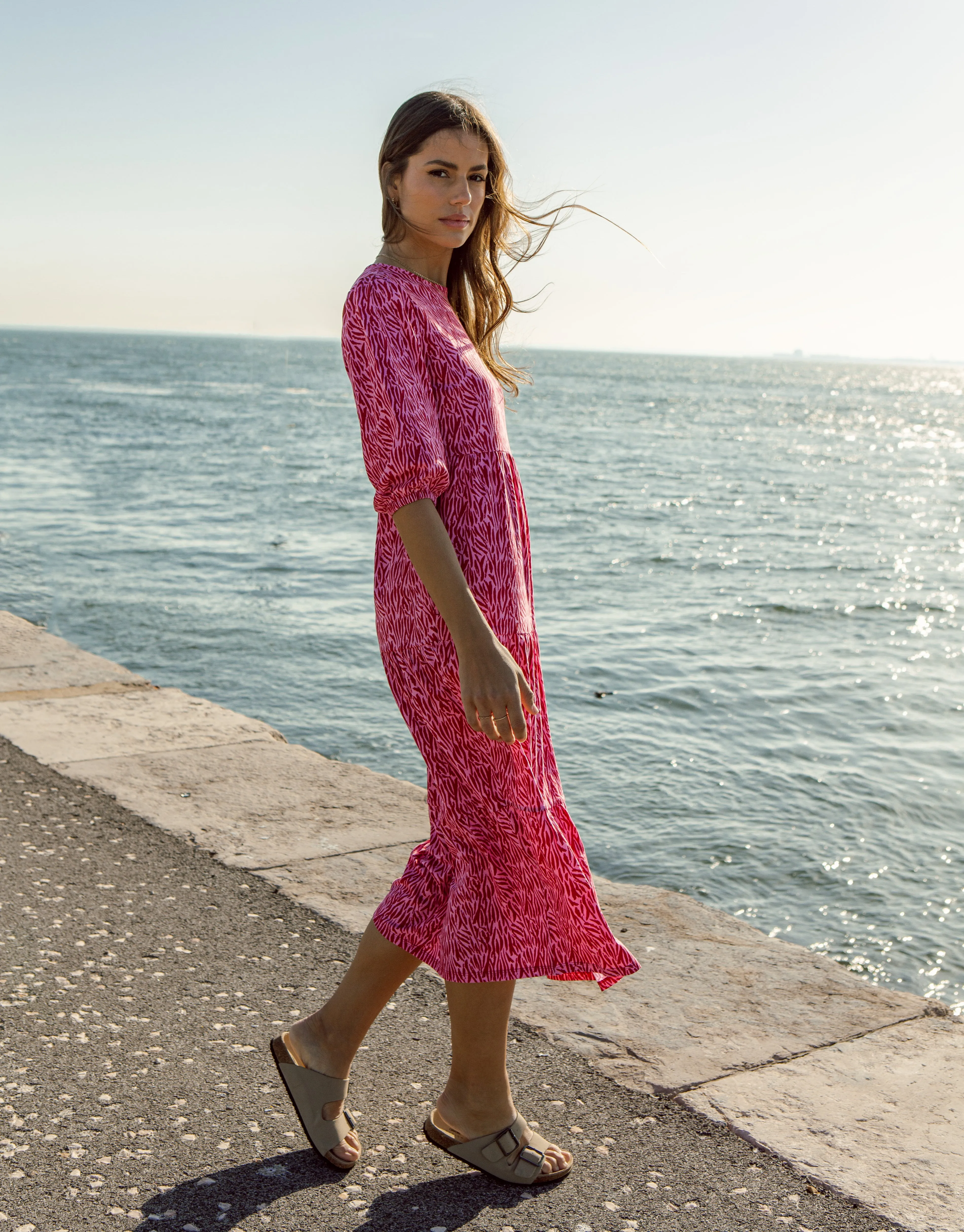 Women's Pink Zebra Print Tiered Midi Dress sold by Threadbare product image thumbnail 3