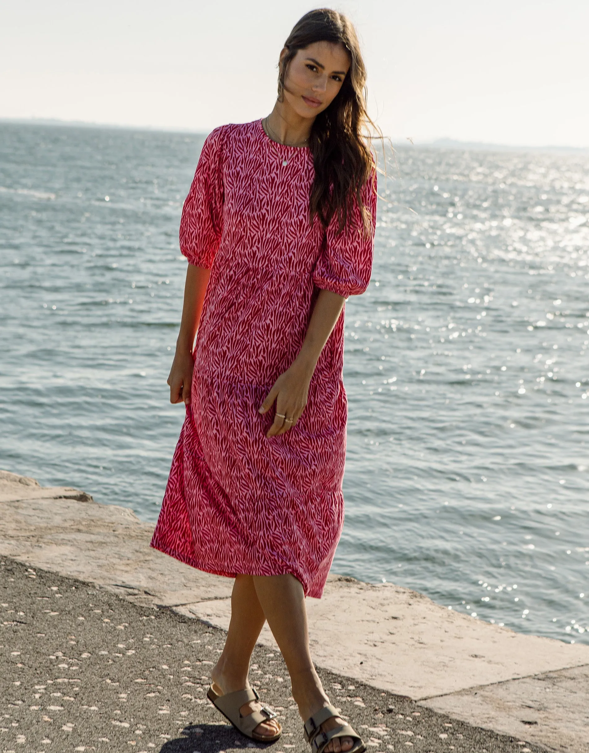 Women's Pink Zebra Print Tiered Midi Dress sold by Threadbare