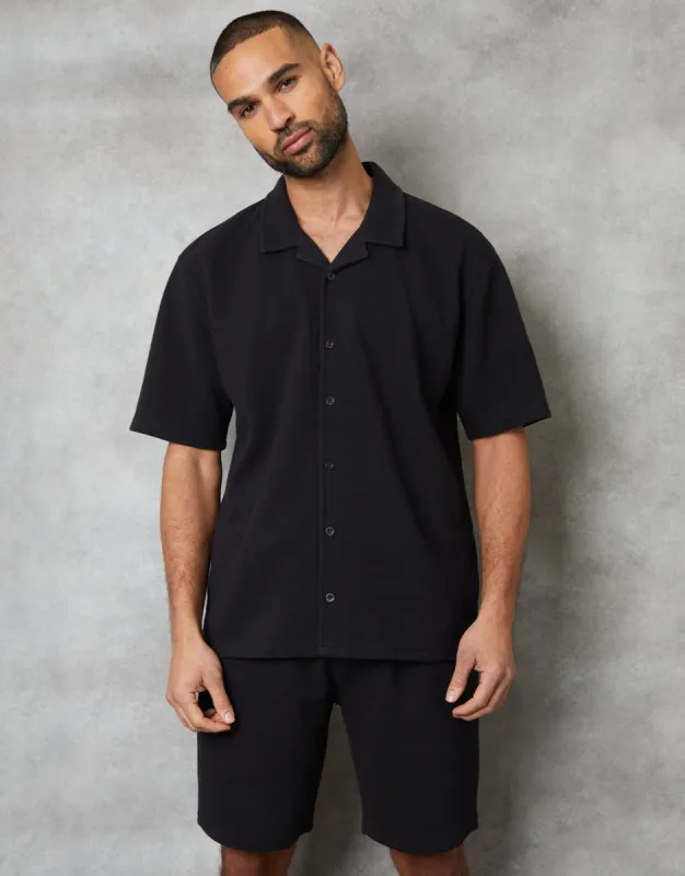 Black Textured Revere Collar Short Sleeve Shirt sold by Threadbare