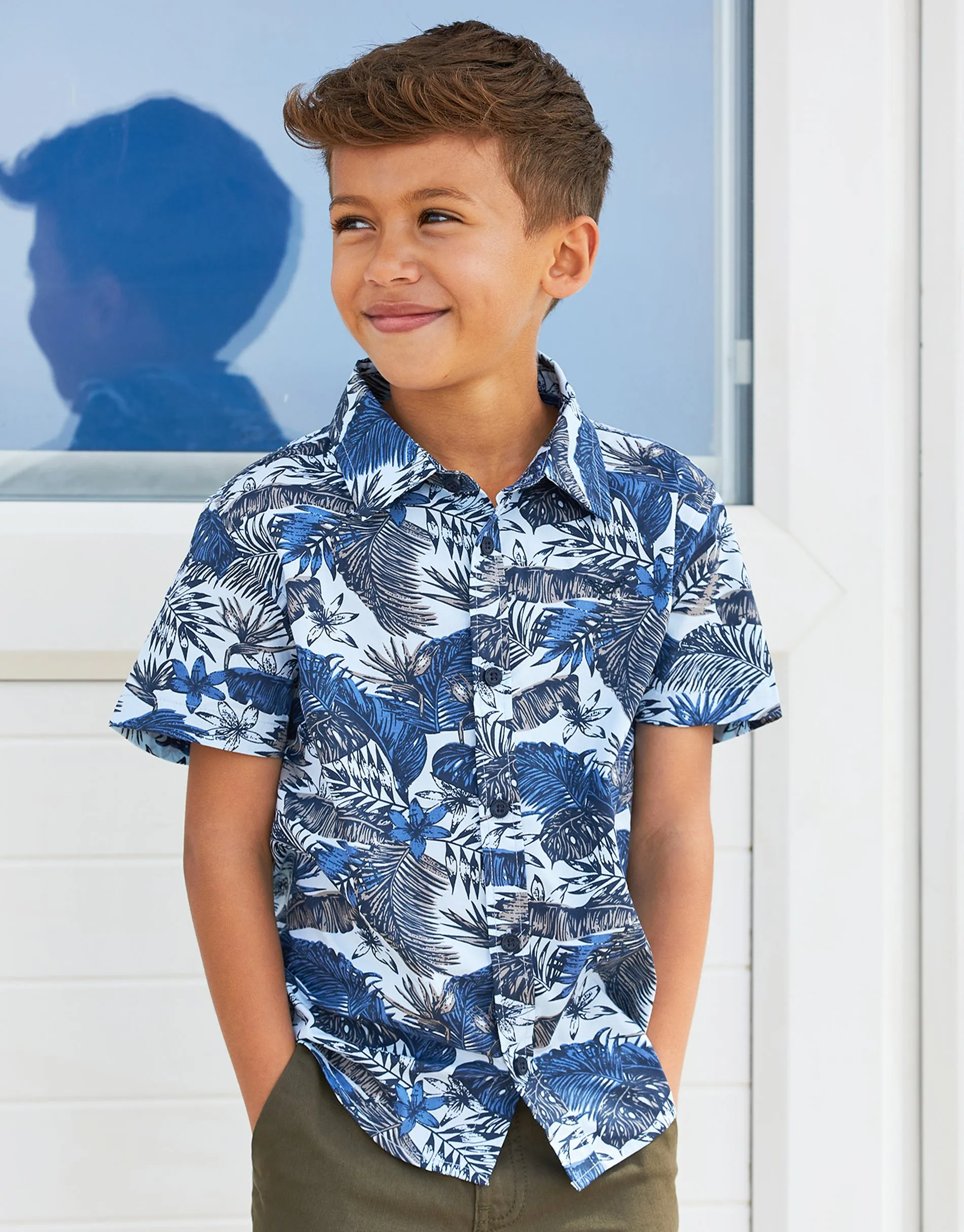 Boys' Navy Tropical Print Short Sleeve Shirt sold by Threadbare