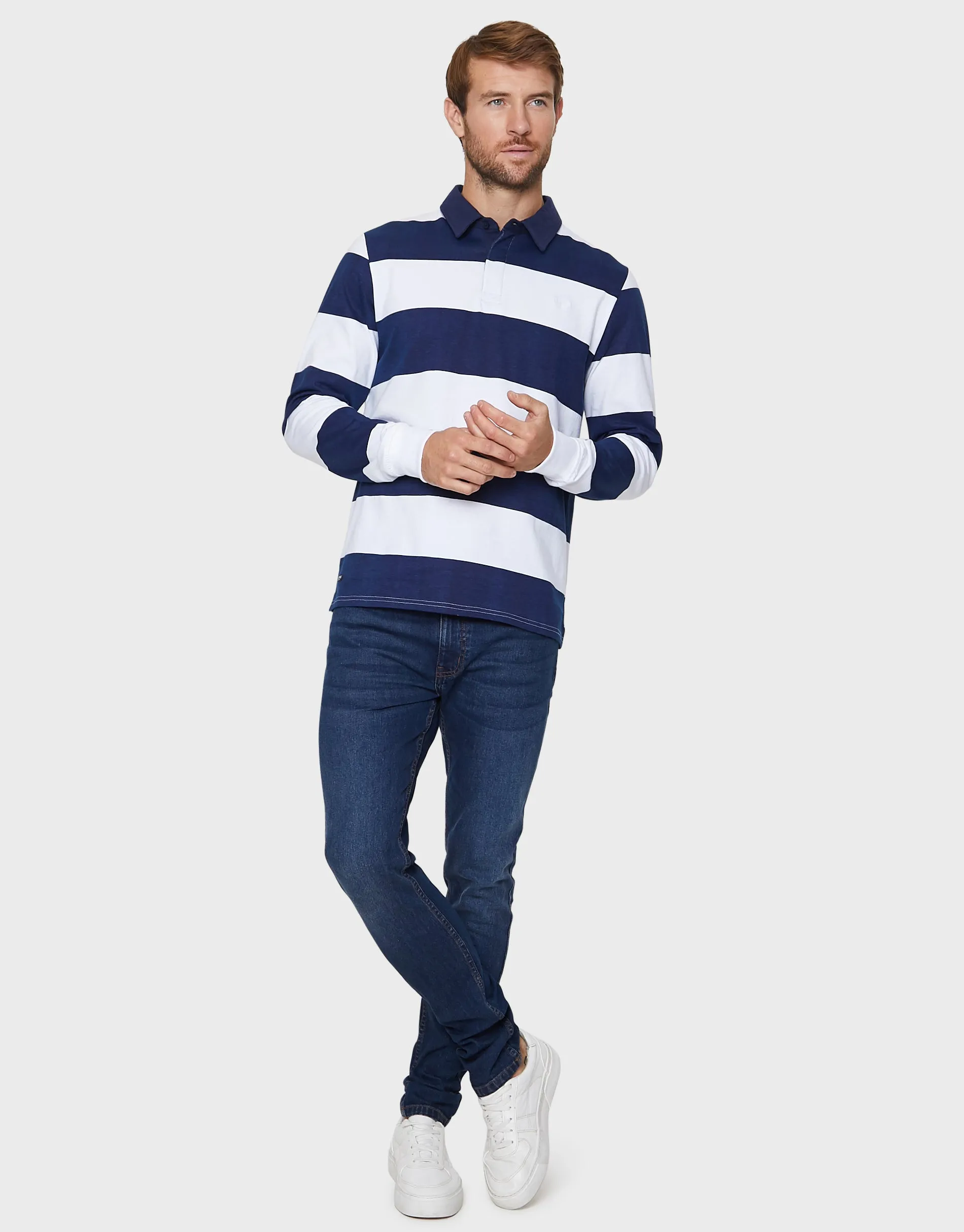 Men's Navy Blue & Ecru Striped Rugby Shirt sold by Threadbare product image thumbnail 3