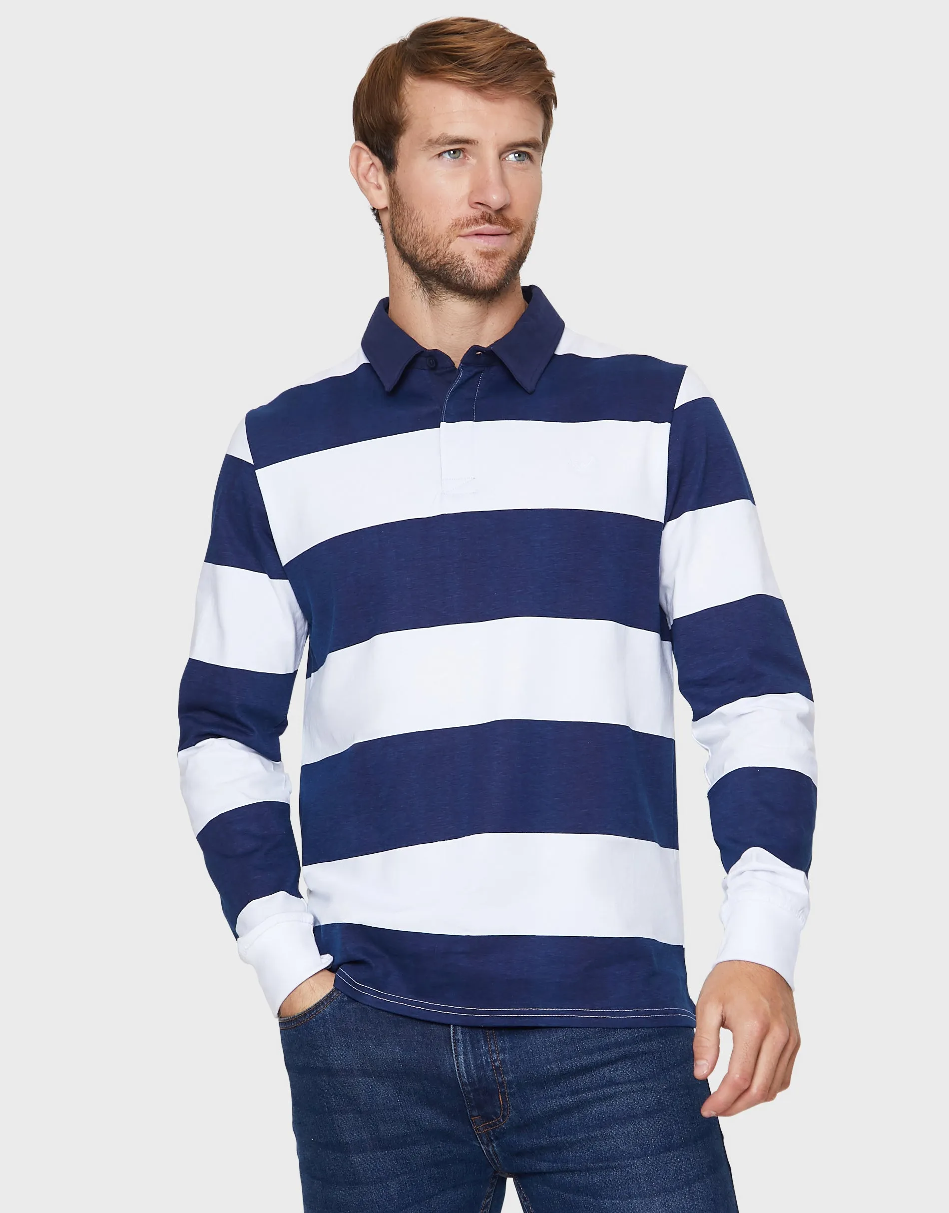 Men's Navy Blue & Ecru Striped Rugby Shirt sold by Threadbare