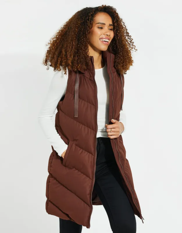 Women's Chocolate Longline Padded Gilet sold by Threadbare