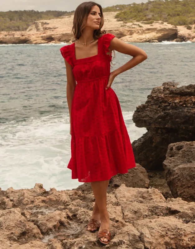 Women's Red Broderie Anglaise Frill Sleeve Tiered Midi Smock Dress sold by Threadbare