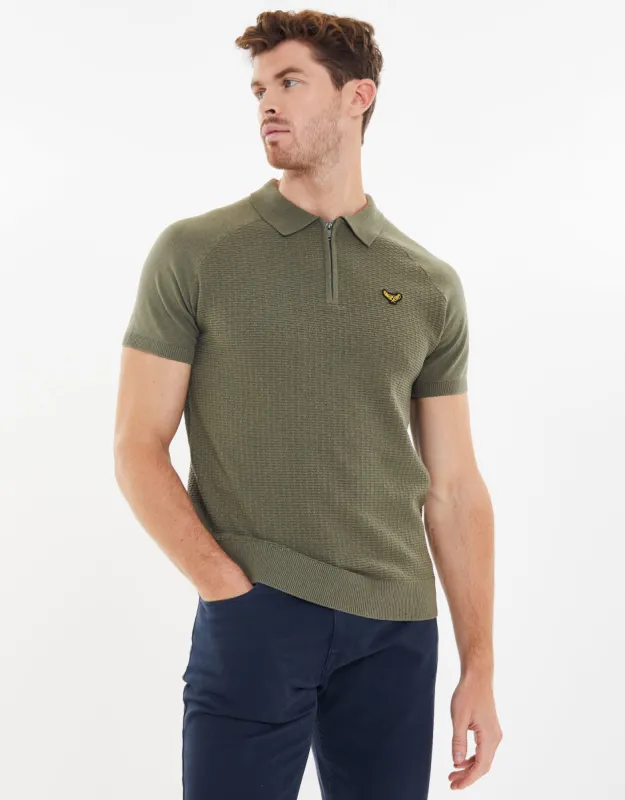 Men's Green Quarter Zip Textured Knitted Polo sold by Threadbare