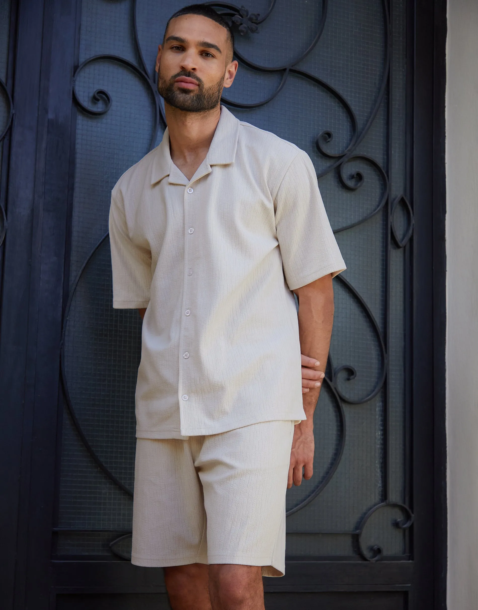 Ecru Textured Revere Collar Short Sleeve Shirt sold by Threadbare