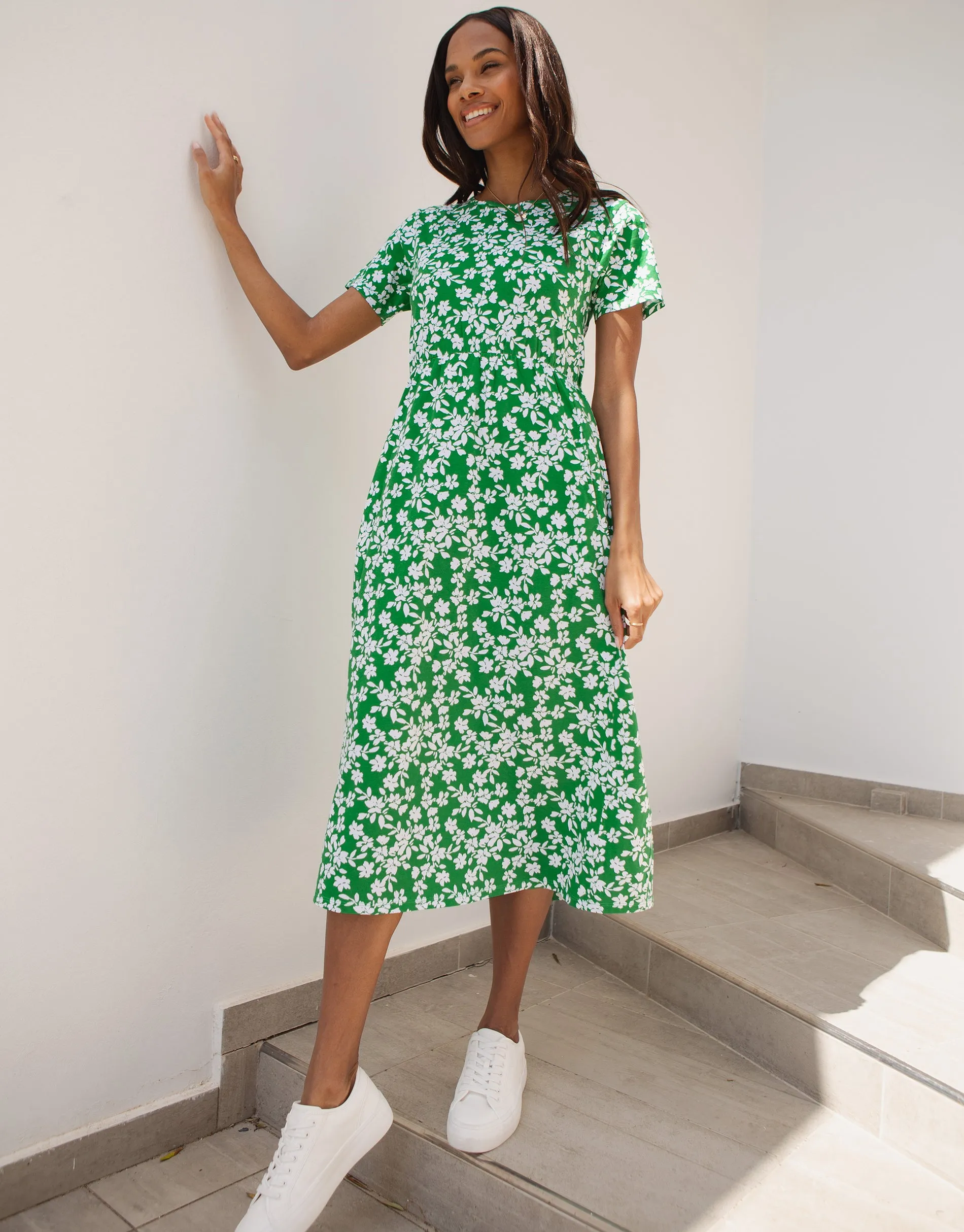 Green Floral Jersey Midi Smock Dress with Pockets sold by Threadbare