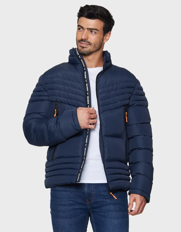 Men's Navy Funnel Neck Puffer Jacket sold by Threadbare