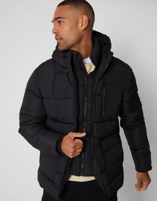 Men's Black Showerproof Double Layer Puffer Jacket sold by Threadbare