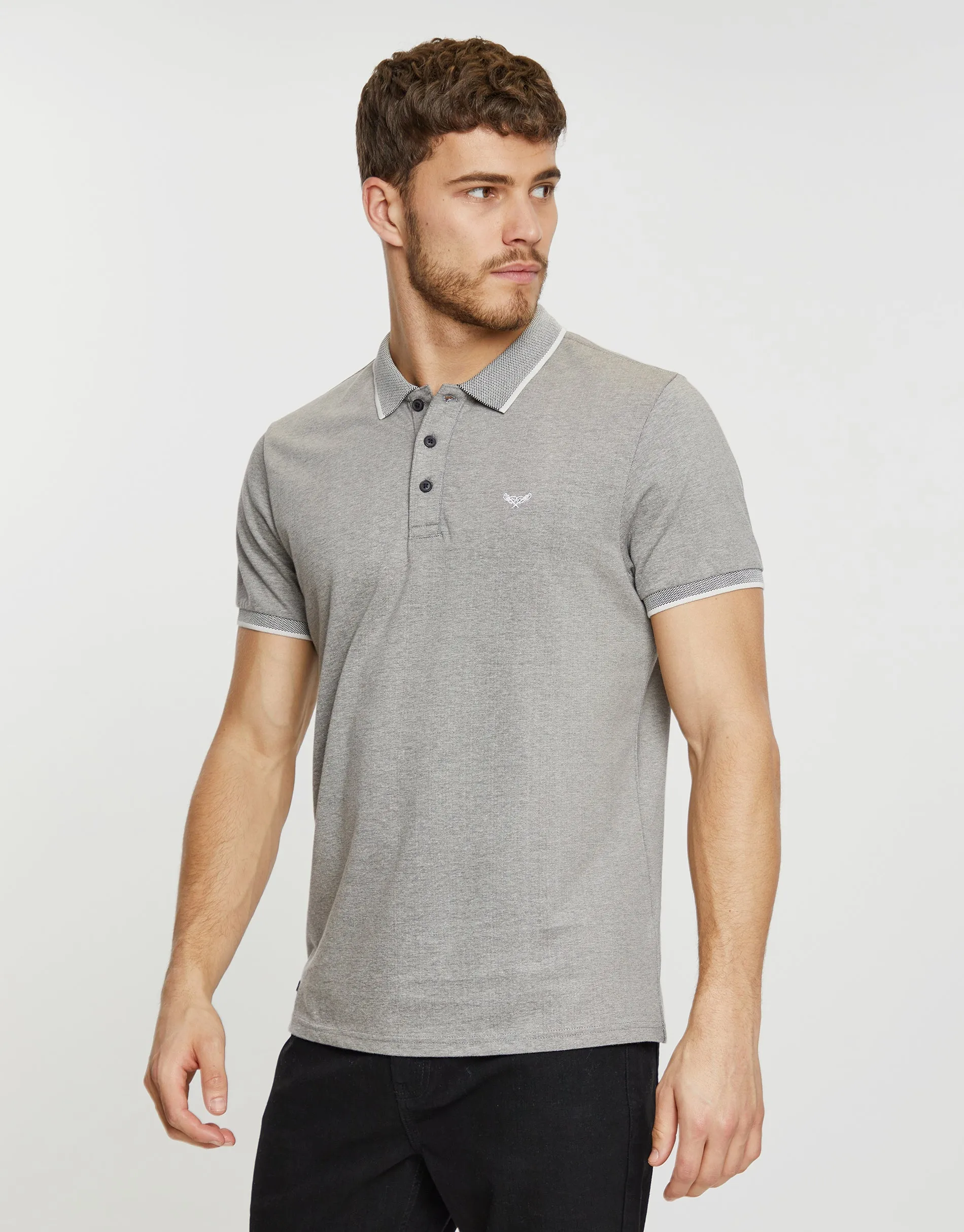 Men's Grey Two Tone Pique Classic Polo Shirt sold by Threadbare