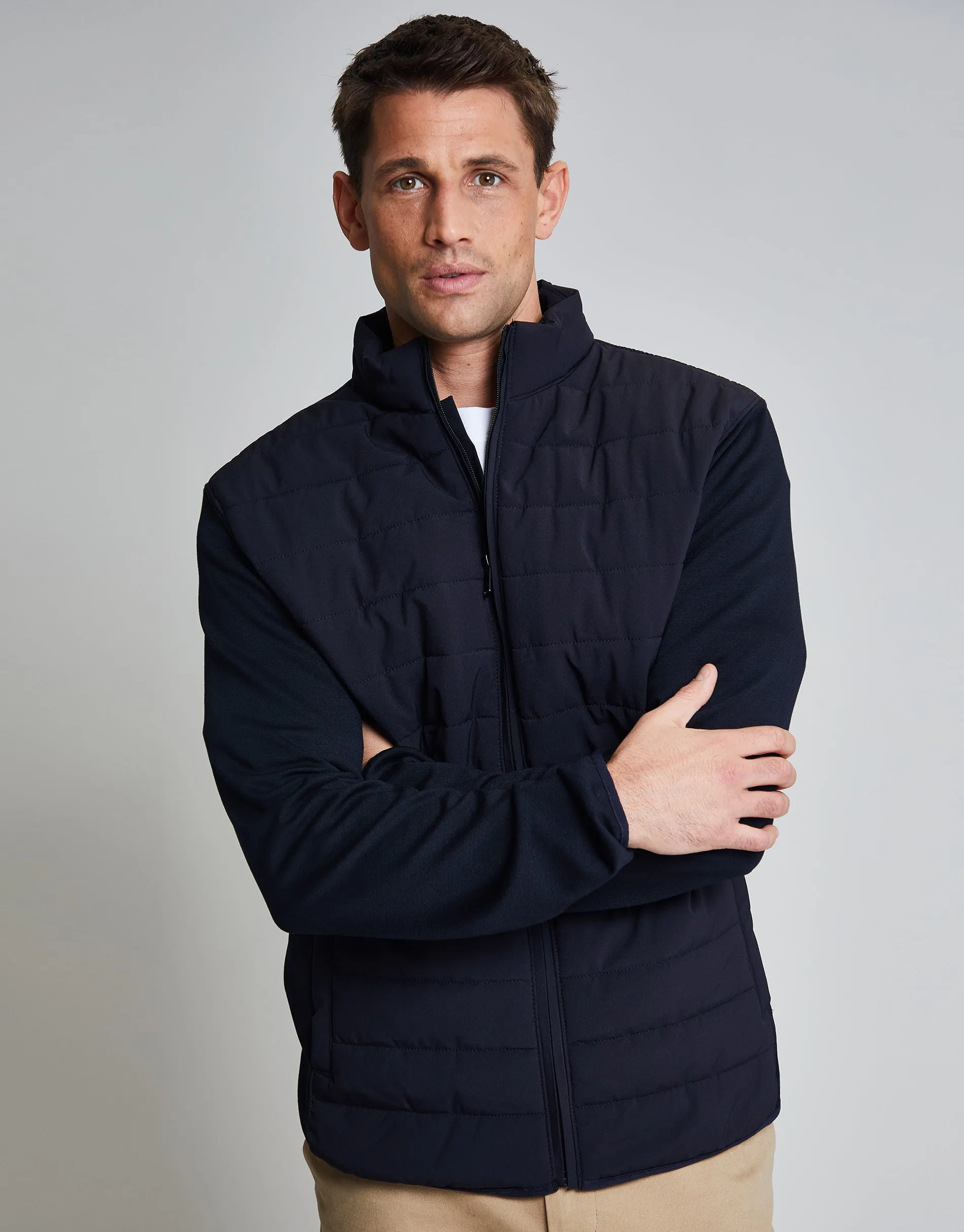 Threadbare Luxe Men's Navy Quilted Hybrid Funnel Neck Jacket sold by Threadbare