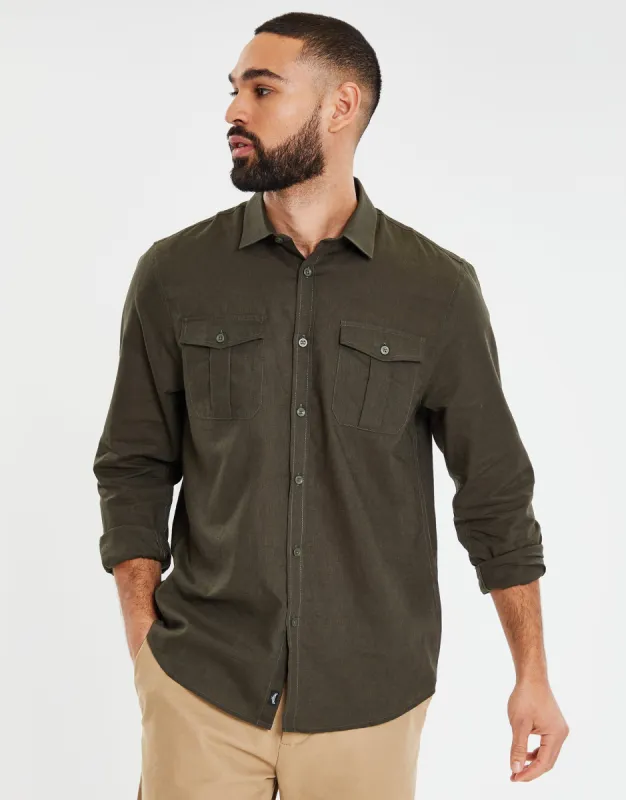 Men's Khaki Linen Blend Twin Chest Pocket Long Sleeve Shirt sold by Threadbare